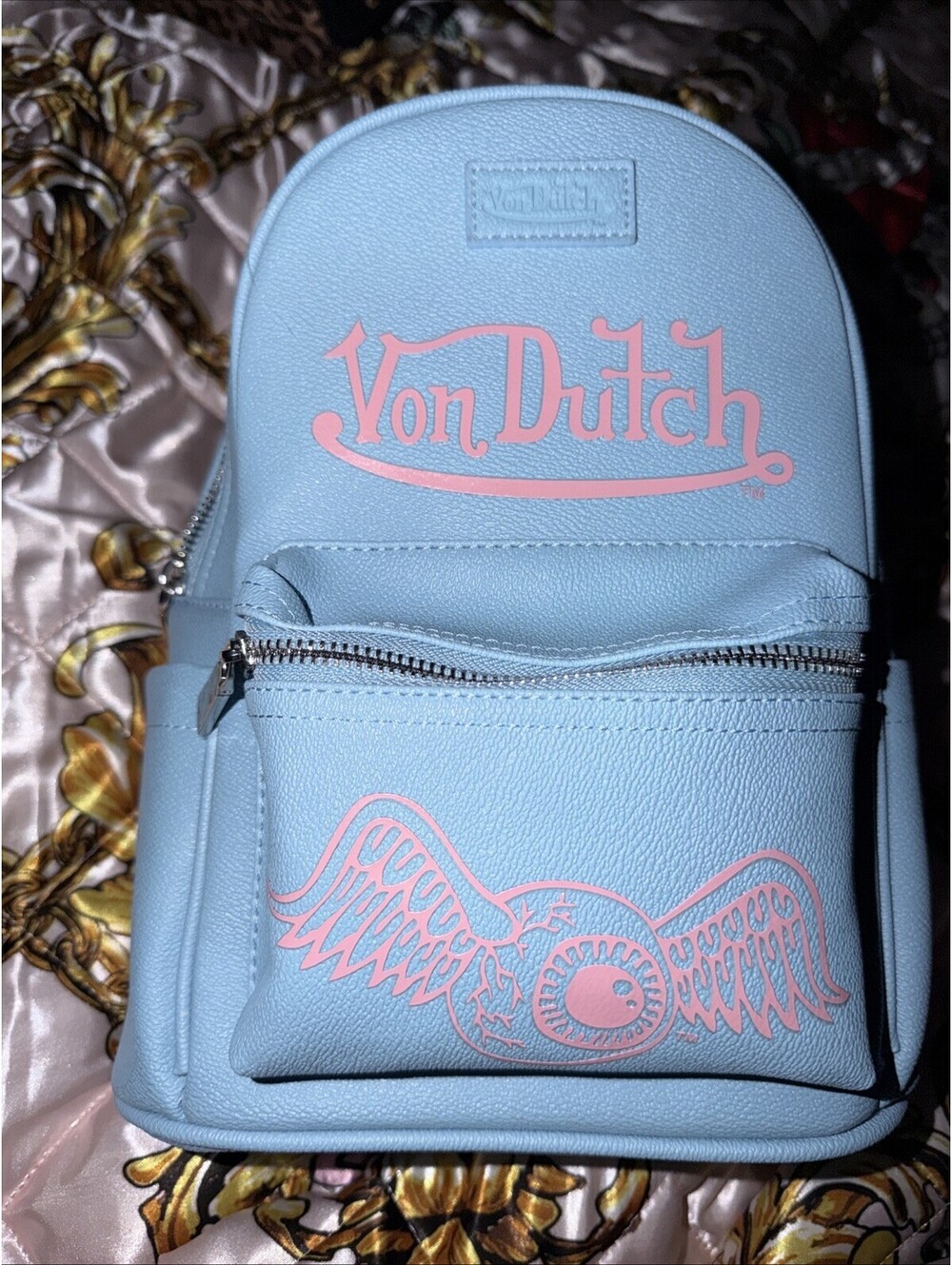 Von Dutch Blue Small Logo Mini Backpack Zip Front Pocket Adjustable Straps